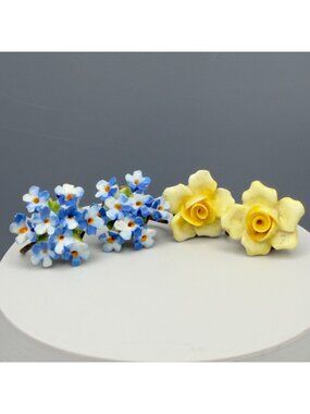 Vintage Denton England Blue Yellow Porcelain Flower Cluster Earrings Set of 2